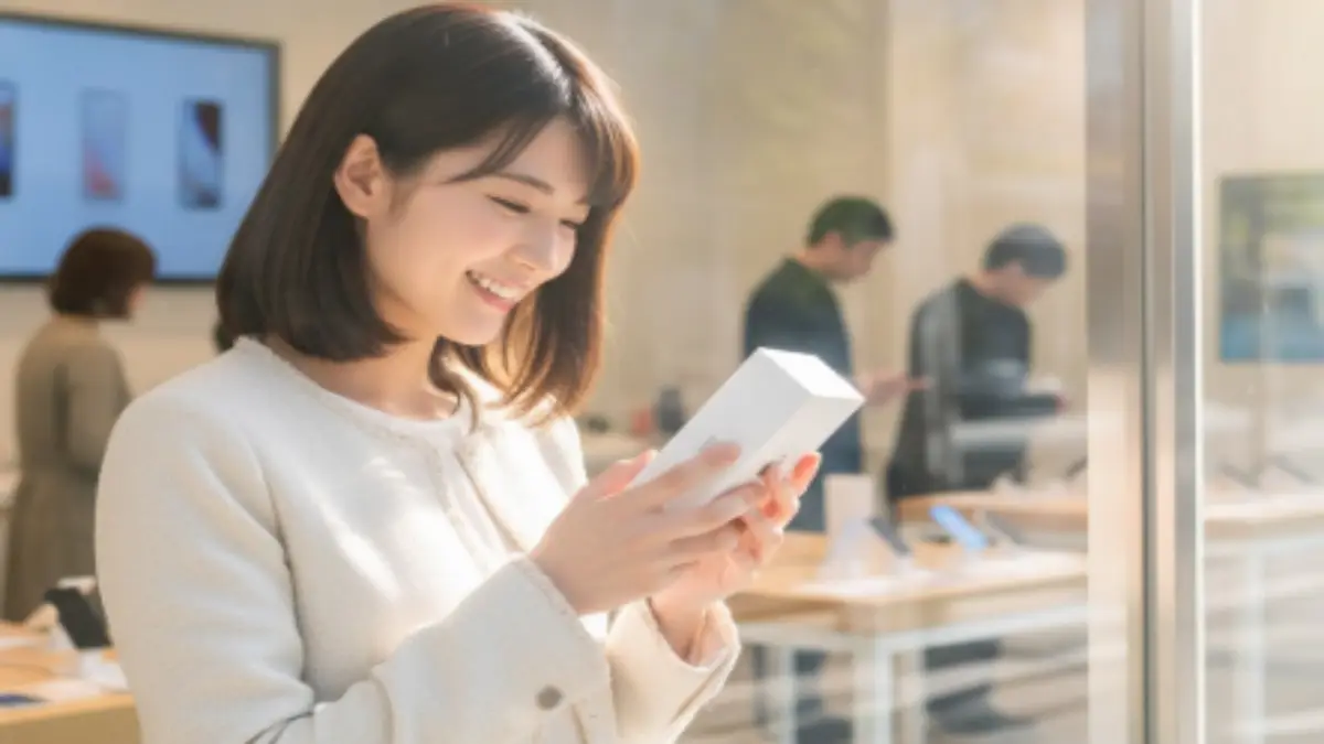 新しいスマートフォンの箱を持って笑顔を見せる日本人女性。再契約の希望を象徴する場面