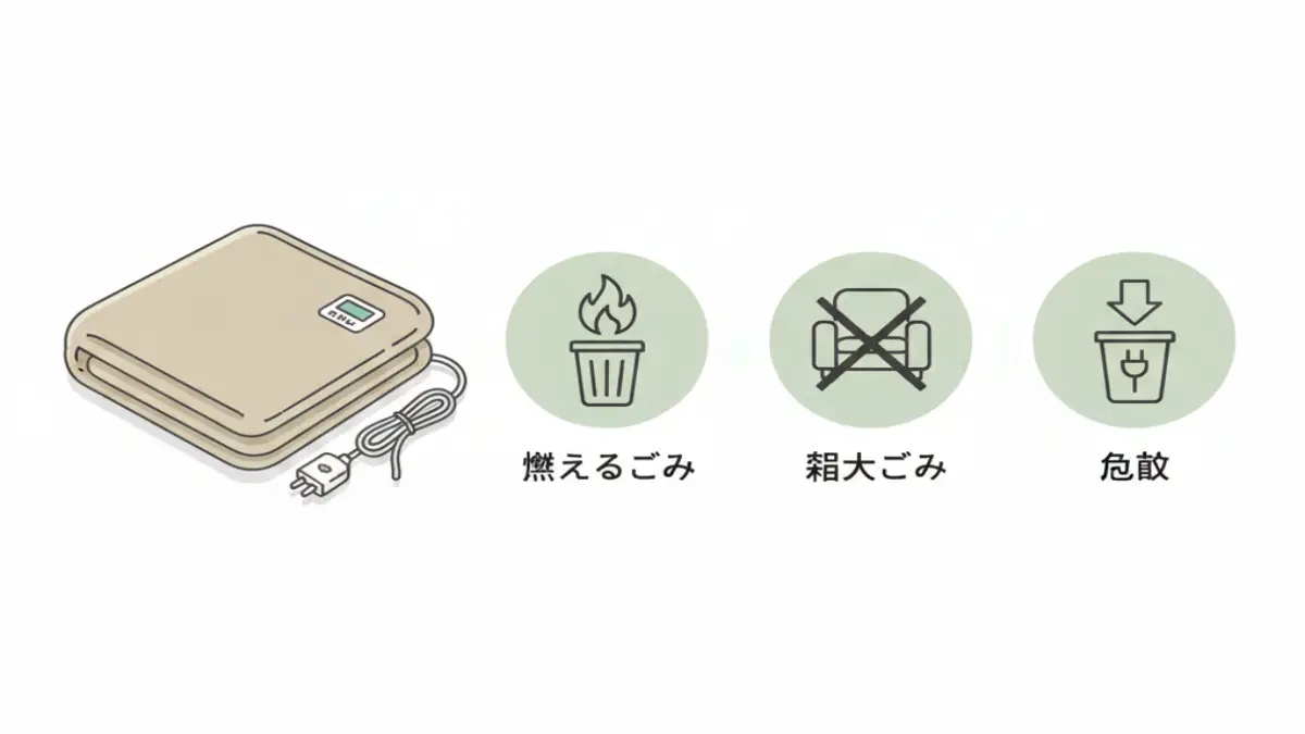 電気敷き毛布の回収ボックスやリサイクルなど処分方法の選択肢を示したイメージ画像