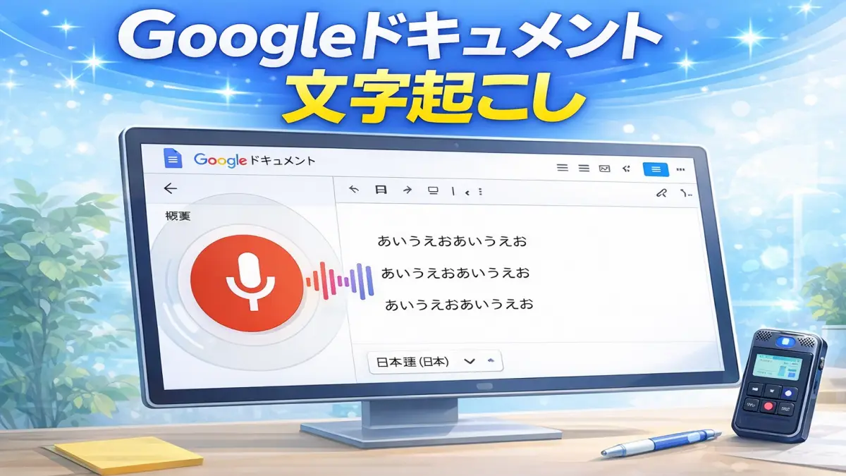 Googleドキュメントの音声入力ボタンと文字起こし結果が表示された画面