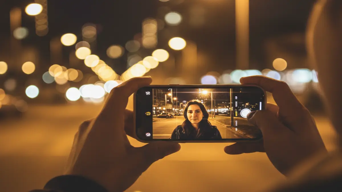 玉ボケを活かしたiPhone夜景ポートレートの手元シーン 大きな玉ボケを背景にiPhoneで人物を撮る手元のアップ。雰囲気重視の夜景ポートレート