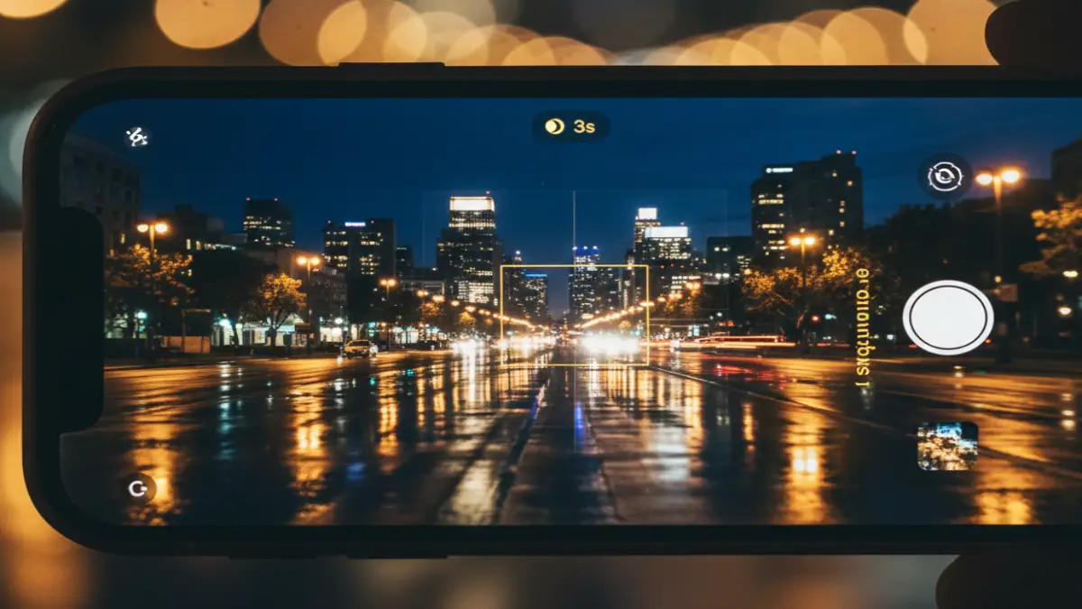 ナイトモードで夜景を撮るiPhone画面のクローズアップ iPhoneのナイトモード画面のアップと都市夜景。暗所撮影時の設定を示す画面