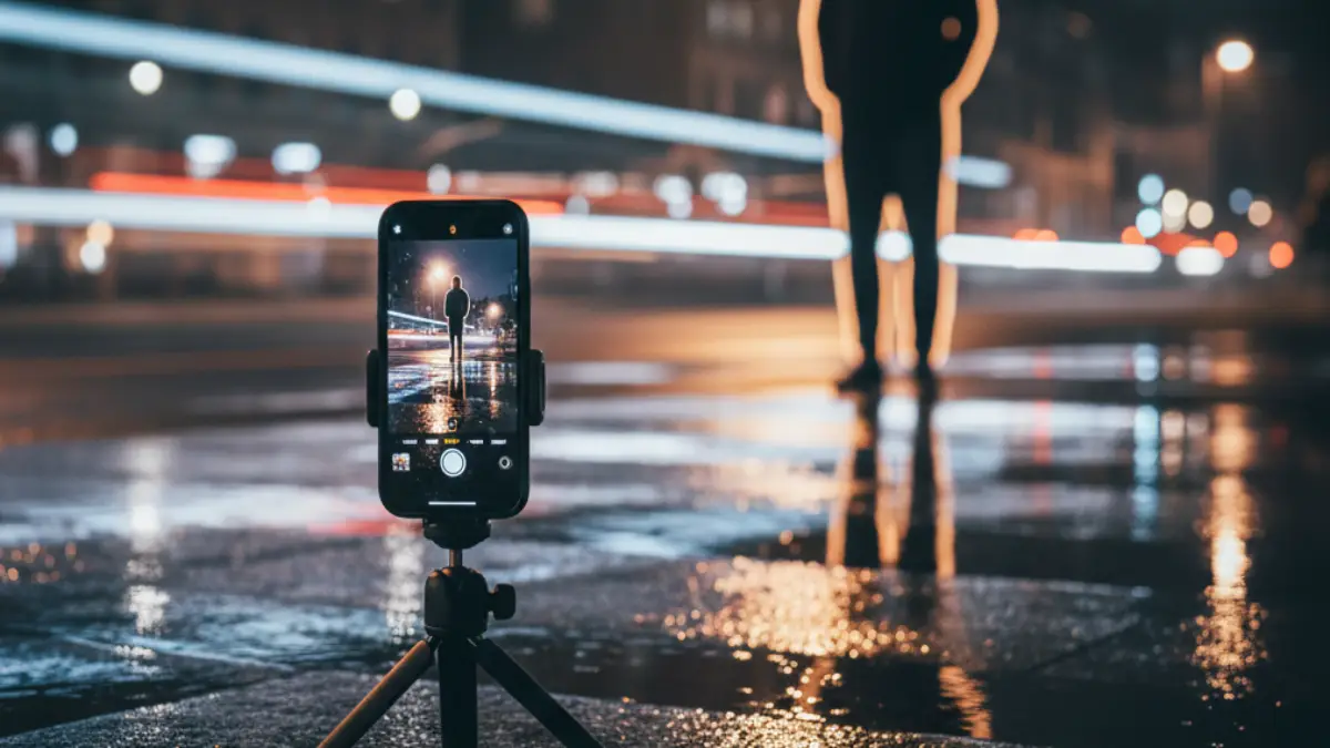 三脚に固定したiPhoneで夜景ポートレート 三脚に固定したiPhoneで夜景の人物を撮影。長時間露光でもブレを抑える撮影スタイル