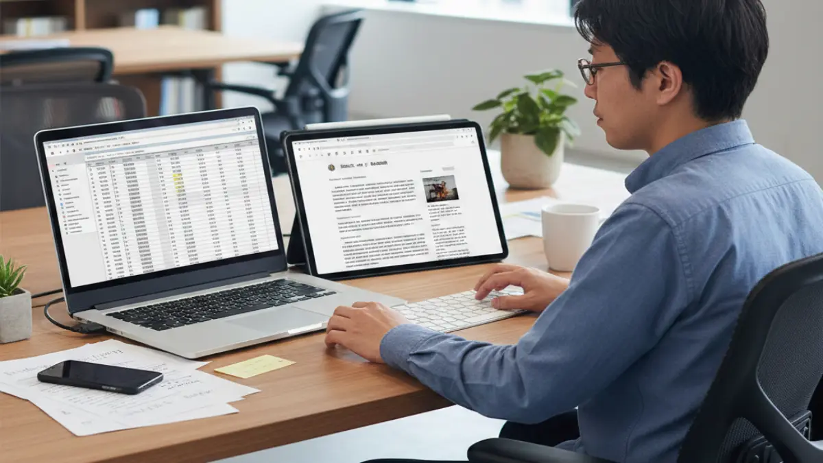 iPadを拡張表示でサブディスプレイ化 Windowsの拡張表示でiPadをサブディスプレイとして使い資料とブラウザを分けて作業する日本人のデスクワーク風景