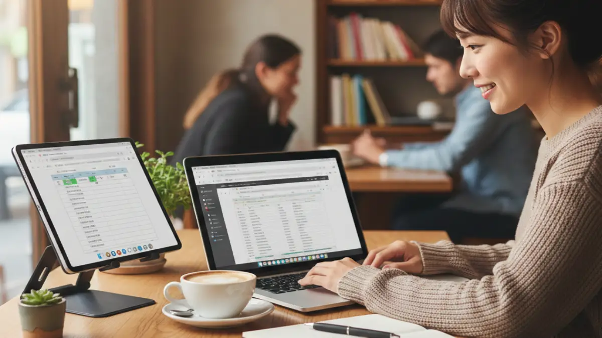 外出先でiPadをサブディスプレイ活用 外出先でノートPCとiPadを並べサブディスプレイとして活用する日本人のモバイルワーク風景