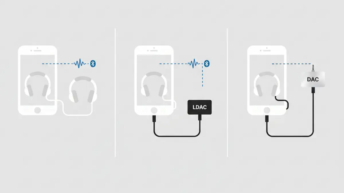 iPhoneの標準Bluetooth、外付け送信機、有線DACの構成比較イメージ