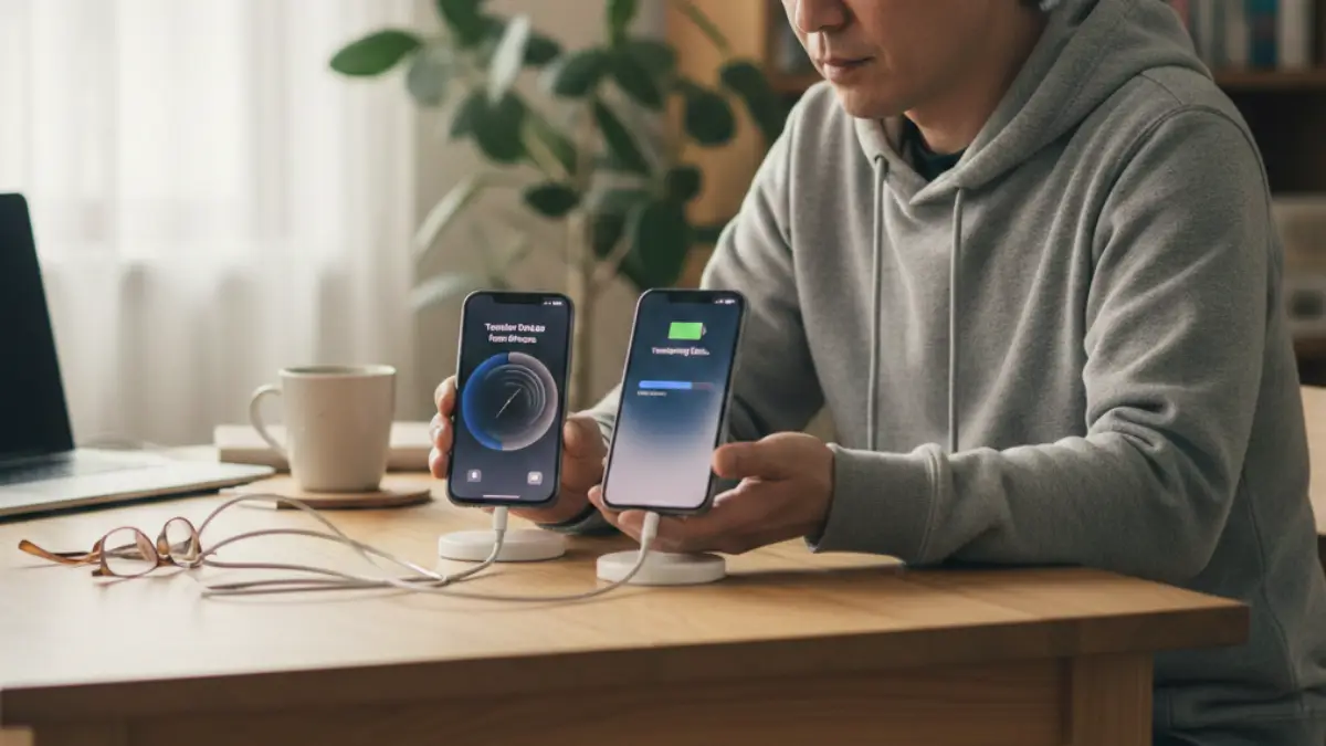 iPhoneデータ移行のイメージ 2台のiPhoneでデータ移行をする日本人男性