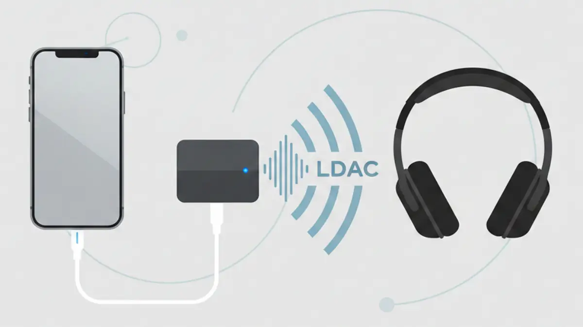 iPhoneから外付け送信機を経由してLDACでイヤホンへ送信する構成のイメージ