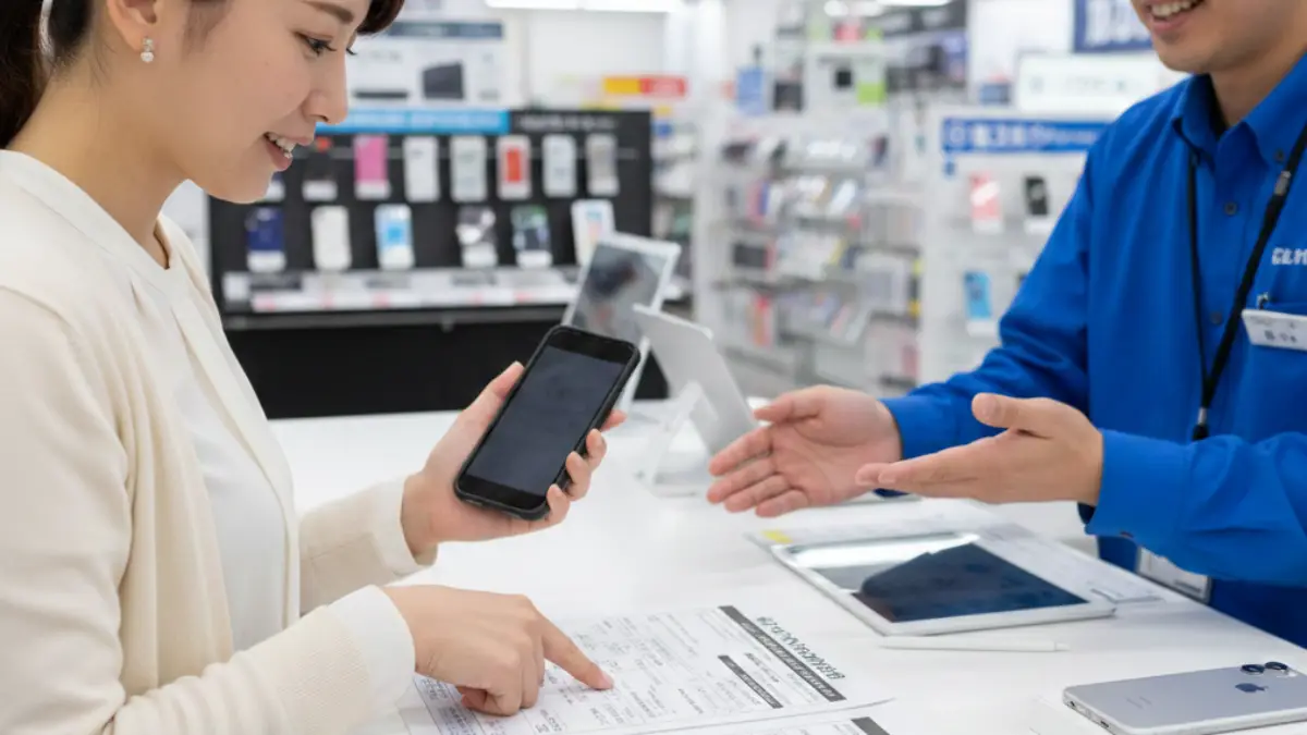 iPhone機種変更手続きのイメージ ノジマでiPhone機種変更の契約をする日本人女性