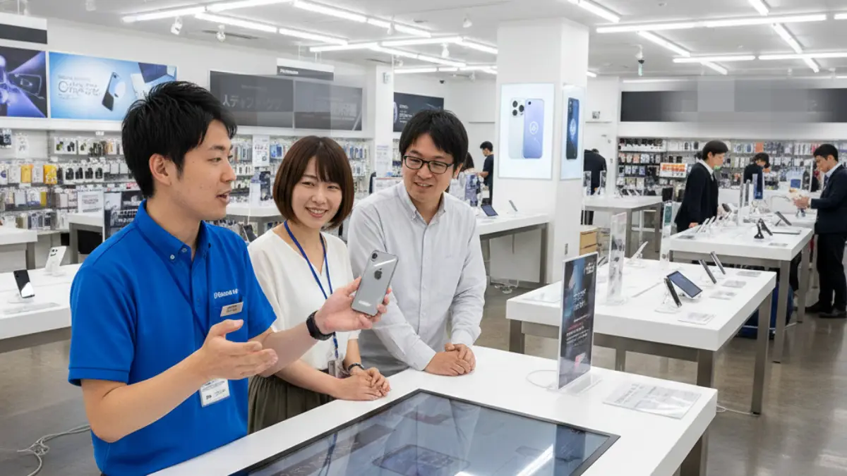 ノジマ店頭でのiPhone相談イメージ ノジマのスマホ売り場でiPhone機種変更を相談する日本人