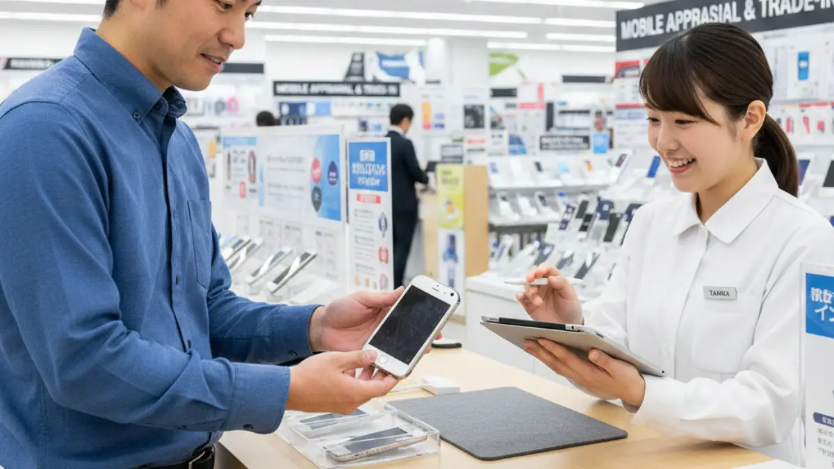 iPhone買取査定のイメージ ノジマでiPhone買取査定を受ける日本人男性