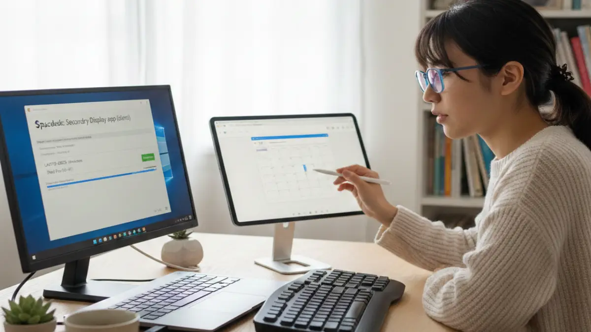 spacedeskでiPadをWindowsに接続 無料アプリspacedeskでiPadをWindowsサブディスプレイとして接続設定を行う日本人の作業風景