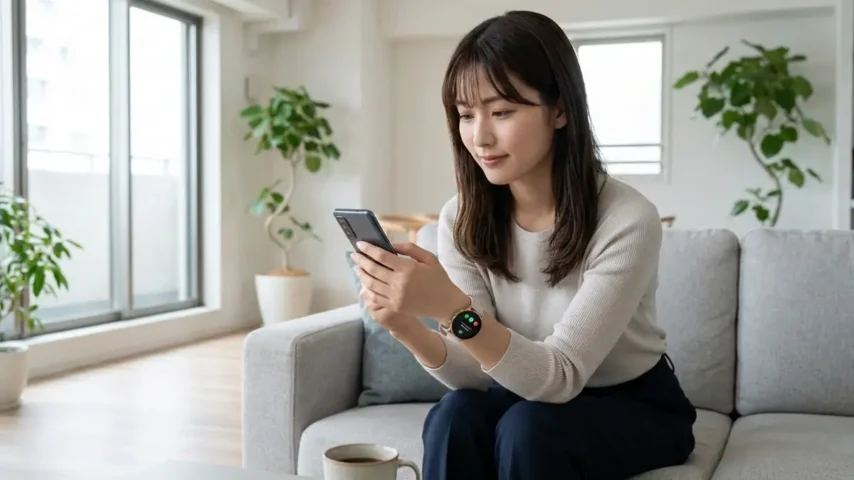 HUAWEI危険性 スマートウォッチを確認する日本人女性