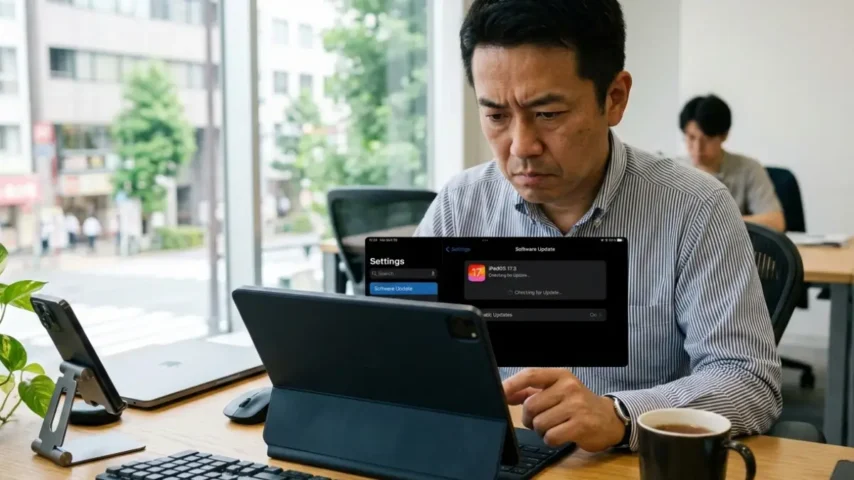 iPadOSアップデート画面を確認するユーザー