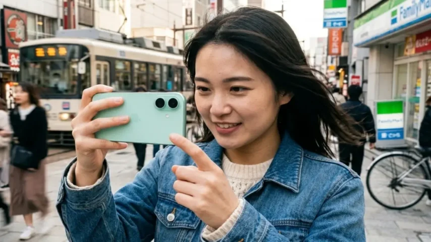 iPhone16カメラボタンの便利な使い方 iPhone16のカメラボタンで素早く撮影する日本人女性