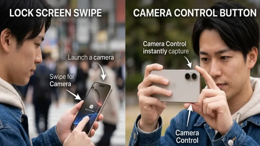 iPhone16カメラ起動方法の比較 iPhone16のカメラ起動方法を比較するイメージ ロック画面操作と右下ボタンの違い