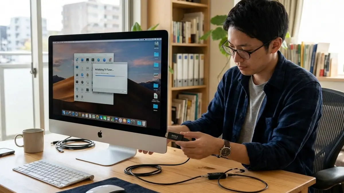 Mac対応TVチューナーの接続イメージ iMacにTVチューナーを接続して地デジ視聴を準備する日本人の利用イメージ