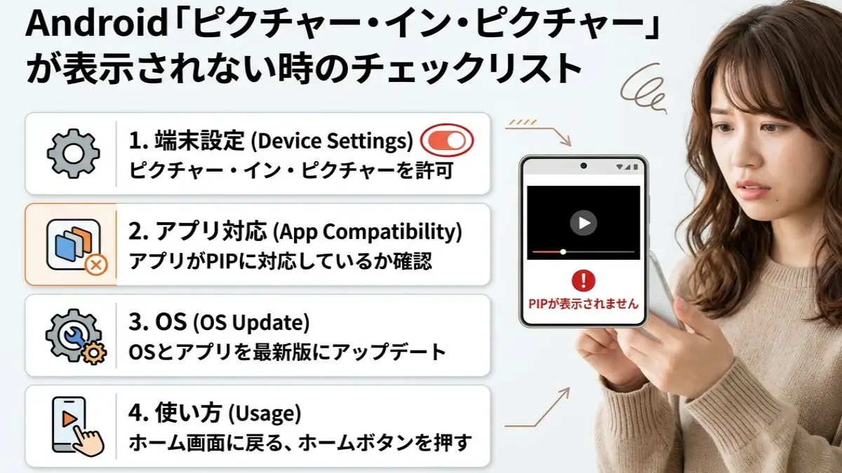 Androidピクチャー インピクチャーができない原因を確認する20代日本人女性