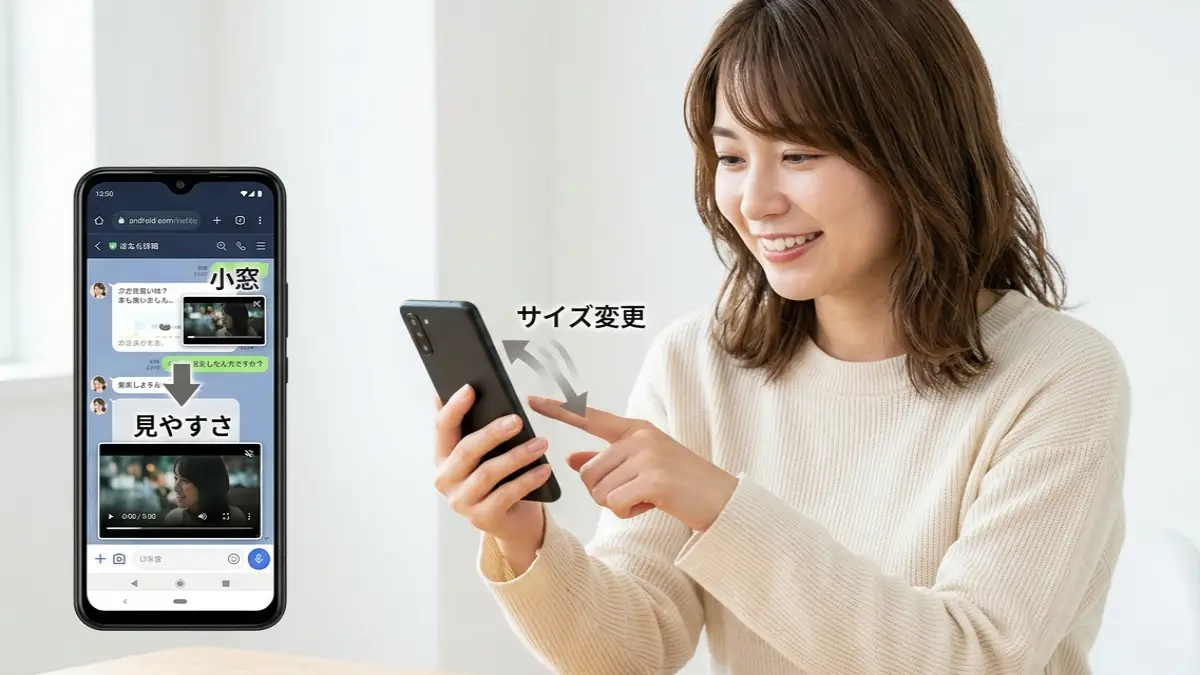 Androidピクチャー インピクチャーのサイズ変更を試す20代日本人女性