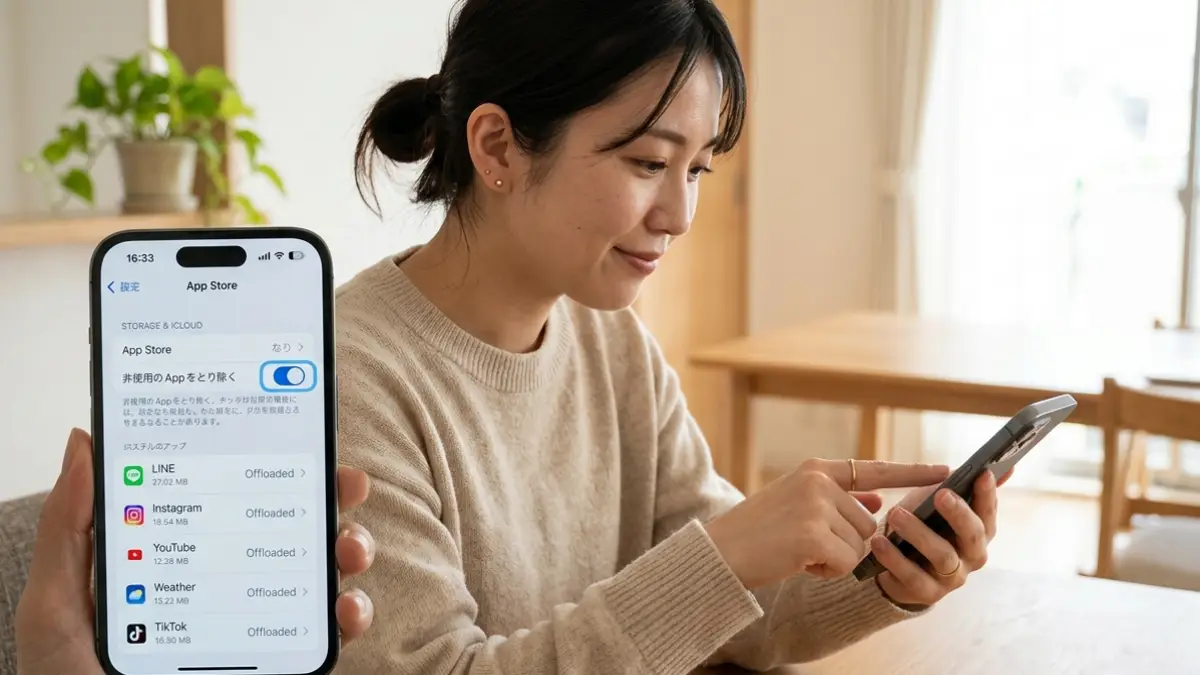 iPhoneの設定画面を操作してアプリが消える原因を確認している様子