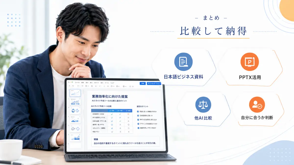 AIスライド作成 イルシルまとめ画像 AIスライド作成 イルシルを比較して判断するまとめ画像