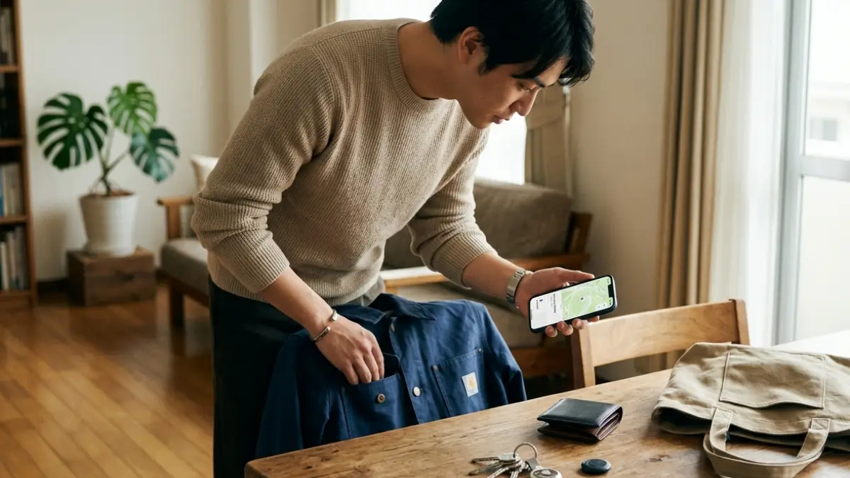 AirTag誤作動かどうか通知確認方法を調べる日本人男性のイメージ