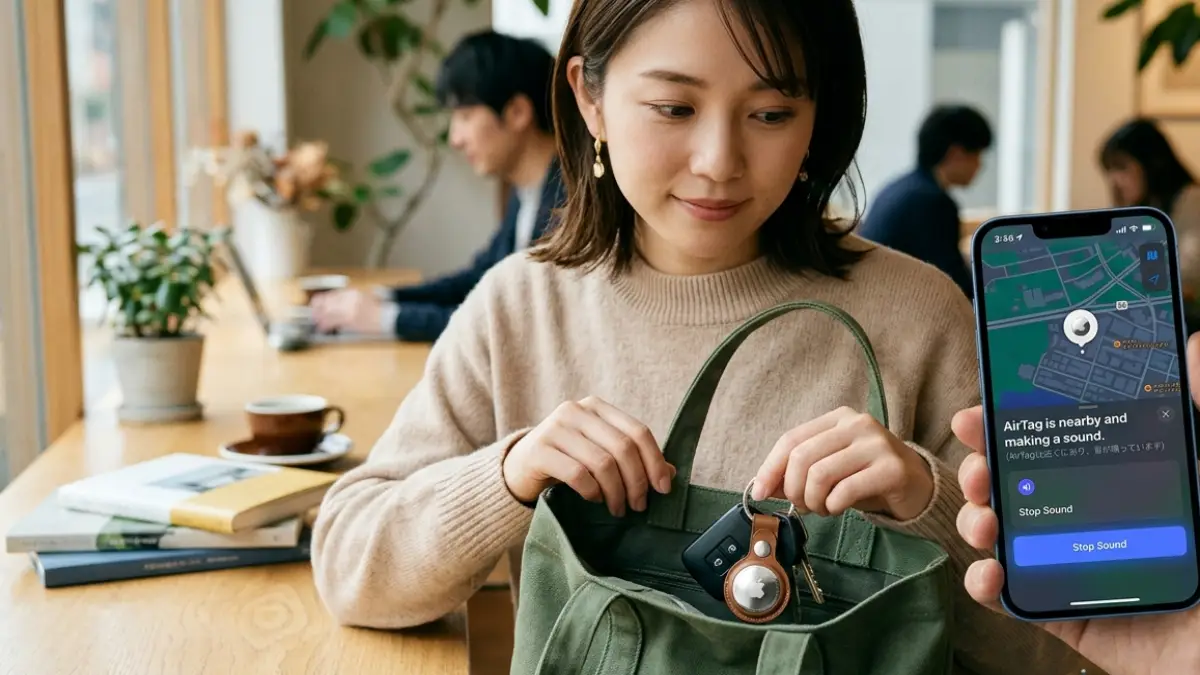 AirTag誤作動で音が鳴る条件を確認する日本人女性のイメージ