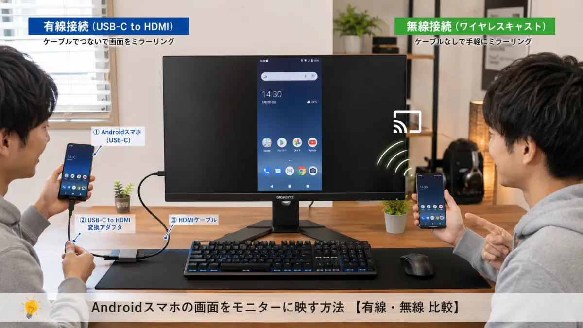 ゲーミングモニタースマホ接続でAndroidを有線無線で使い分ける日本人男性