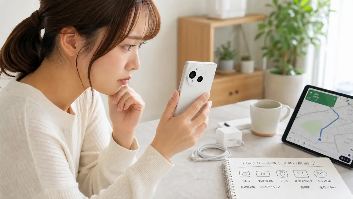 AQUOS R10バッテリー 持ちが悪い原因を調べる日本人女性