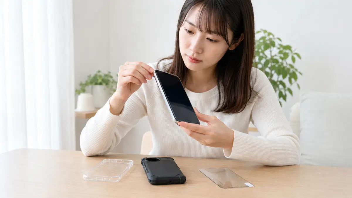 AQUOS R10 ケースの干渉を確認する日本人女性のイメージ