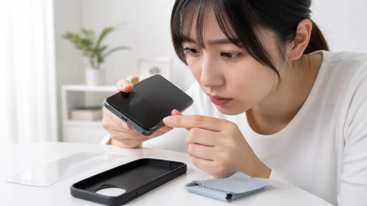 AQUOS R10 フィルムの浮きを確認する日本人女性とスマホ画面のイメージ