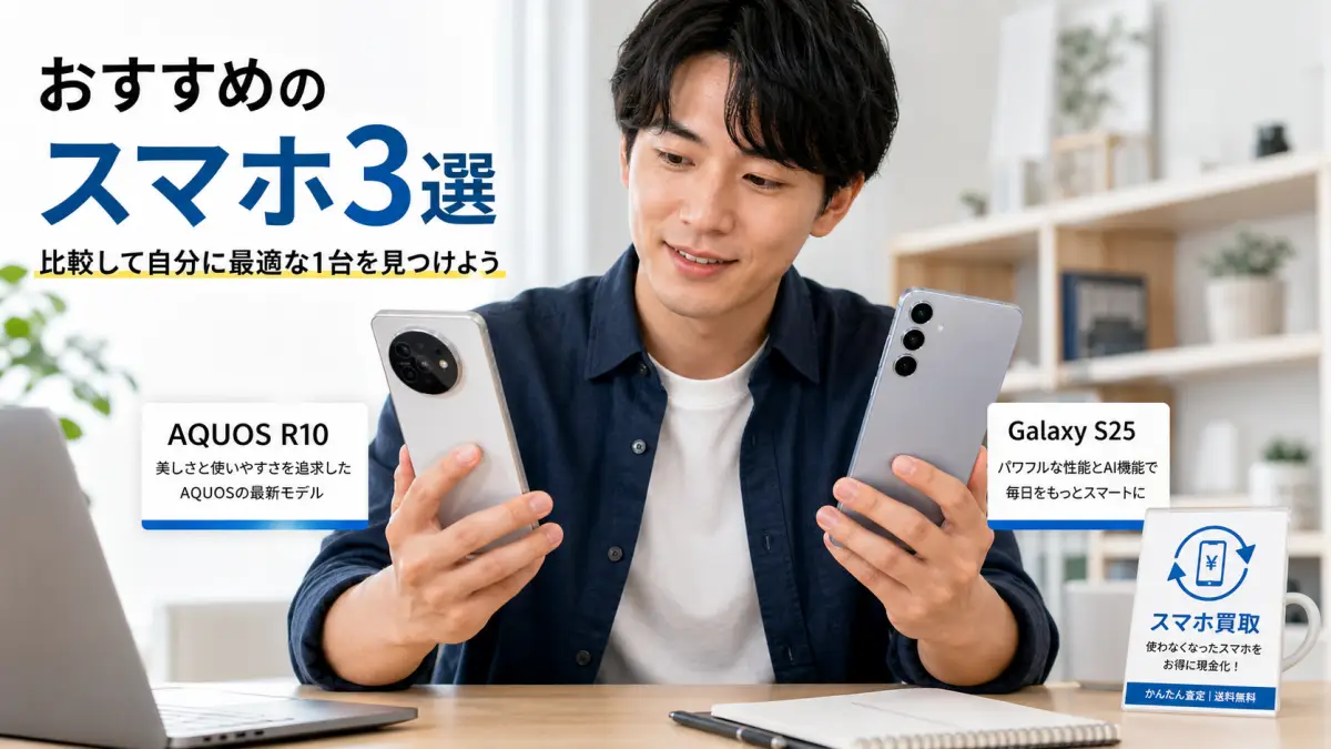 AQUOS R10とGalaxy S25を比較しながらスマホ買取も検討する男性のイメージ画像