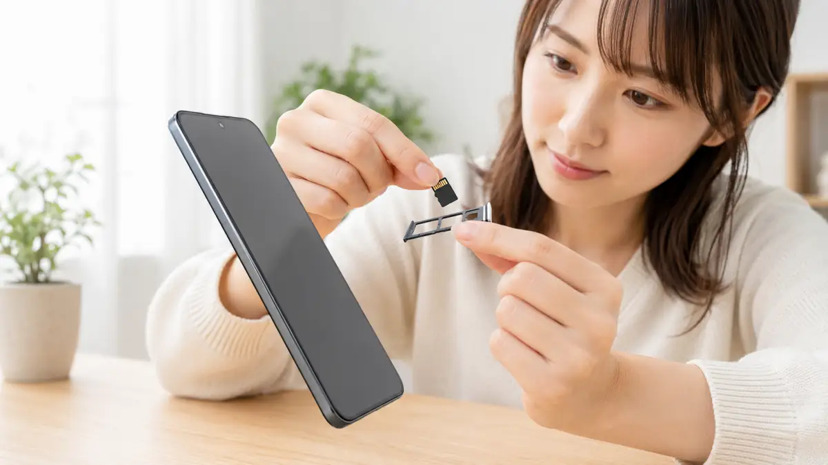 AQUOS R10 SDカード入れ方を確認する日本人女性