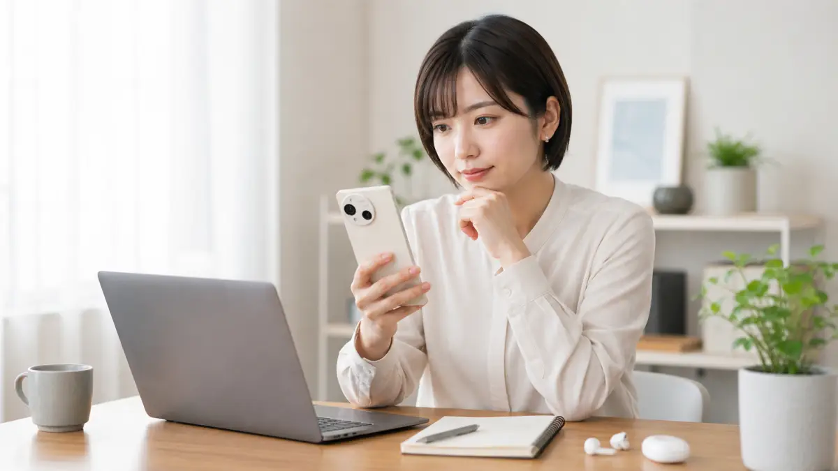AquosR10ゲーム性能に関わるスペックを確認する日本人女性