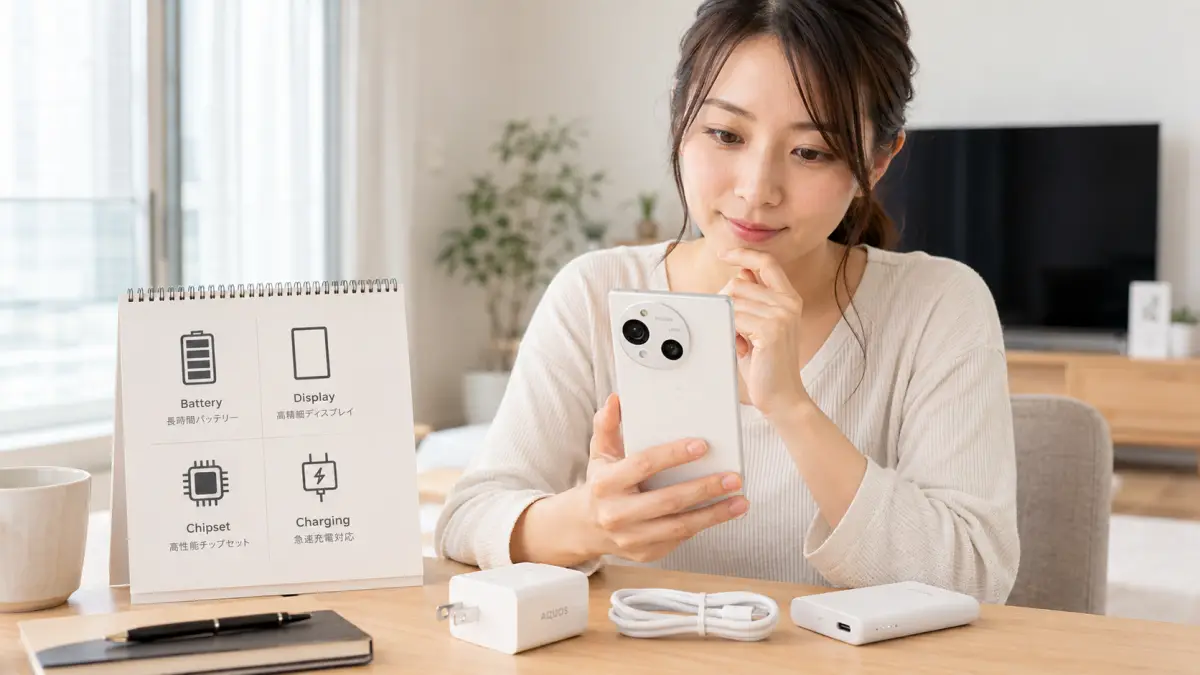 AQUOS R10バッテリー 持ちとスペックを確認する日本人女性