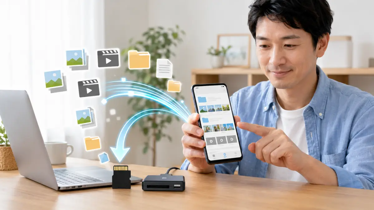 AQUOSのデータをSDカードに移す方法を確認する日本人男性