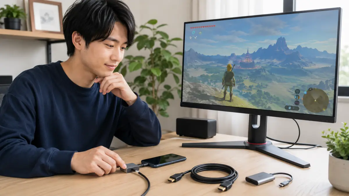 ゲーミングモニタースマホ接続の最終確認をする日本人男性