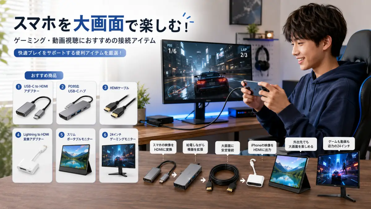 ゲーミングモニタースマホ接続におすすめの商品を確認する日本人男性