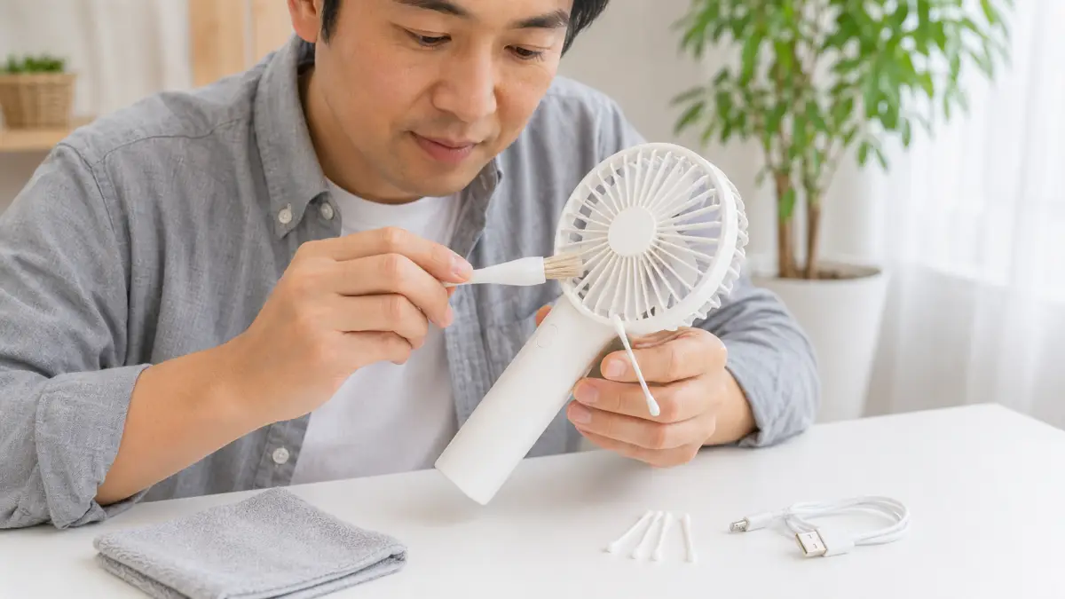 ブラシと綿棒でハンディファンを掃除する手元 ハンディ ファンほこりをブラシと綿棒で分解せず安全に掃除する手元