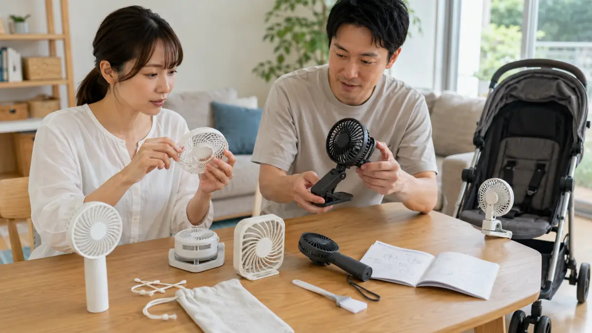 掃除しやすいハンディファンを比較して選ぶ家族 ハンディ ファンほこり掃除をしやすい商品を家族で比較して選ぶ様子