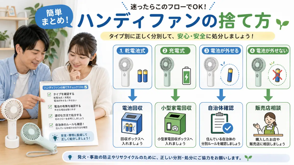 ハンディファン捨て方のまとめを電池別に確認する日本人家族のイメージ