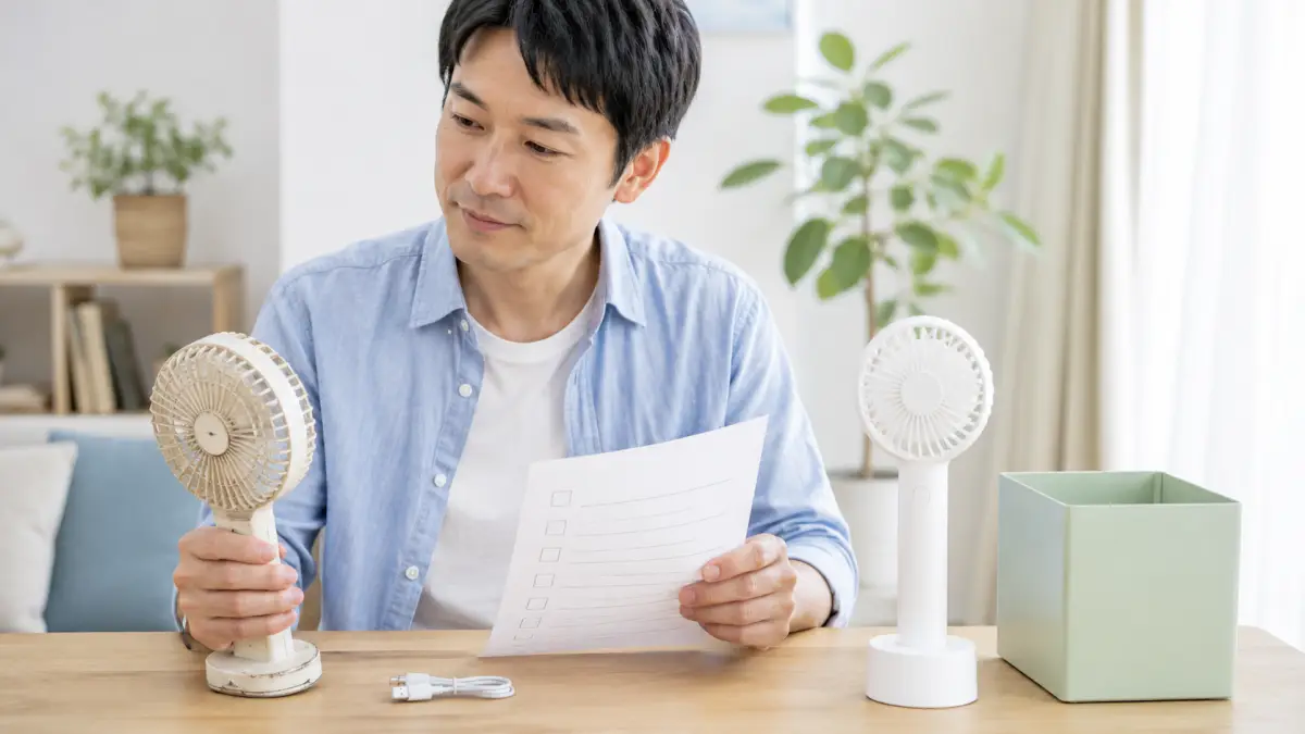 ハンディファン落とした時の最終チェック ハンディファン落とした時の最終判断を確認する日本人男性