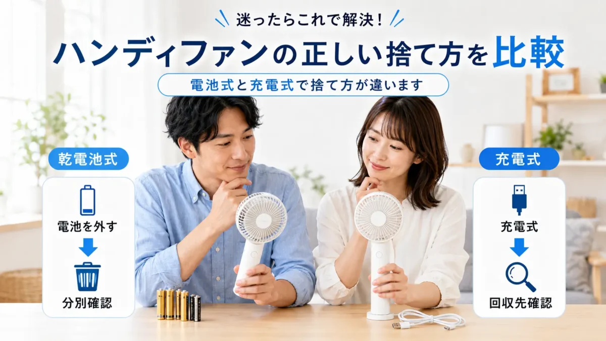 ハンディファン捨て方を乾電池式と充電式で比較する日本人男女のイメージ