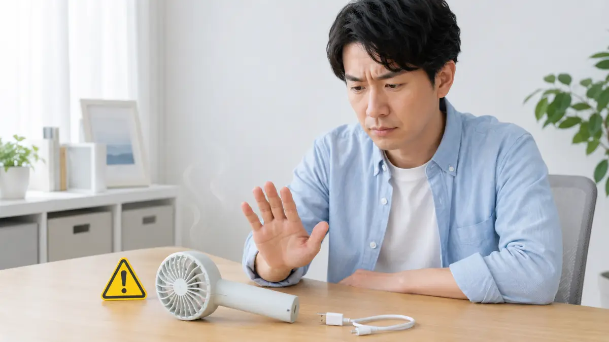 ハンディファンの発火リスクを確認する様子 ハンディファン落とした後に発火リスクを確認する日本人男性