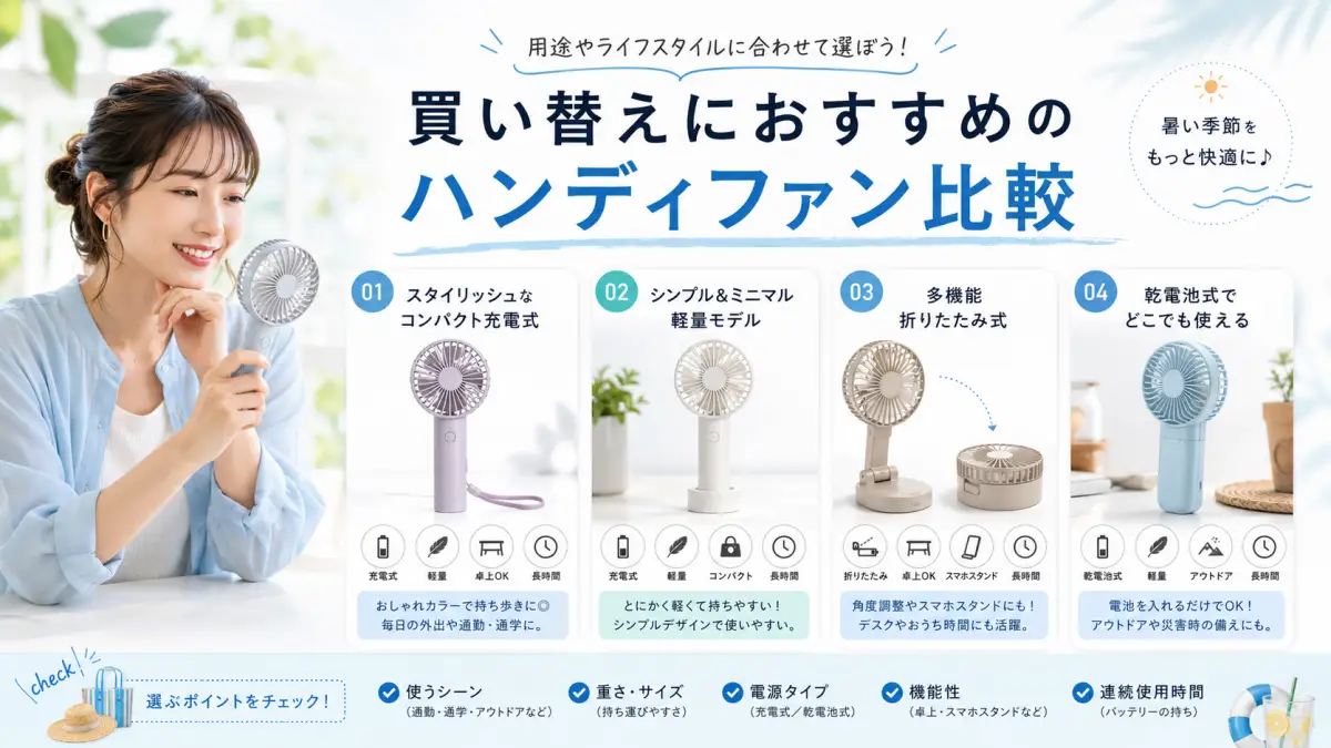 買い替えにおすすめのハンディファンを種類別に比較したイメージ