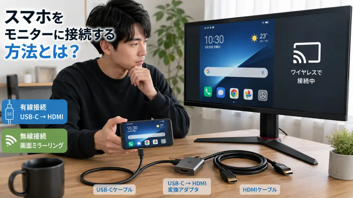 ゲーミングモニタースマホ接続の基本としてスマホからモニターに繋ぐ日本人男性