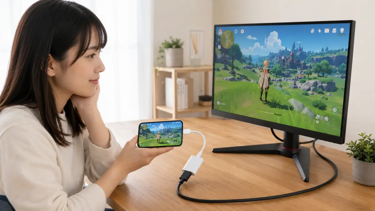 ゲーミングモニタースマホ接続でUSB-C iPhoneをモニター出力する日本人女性