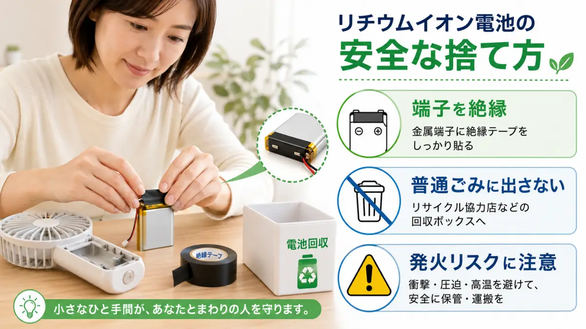 ハンディファン捨て方でリチウム電池の端子をテープで絶縁する日本人の手元
