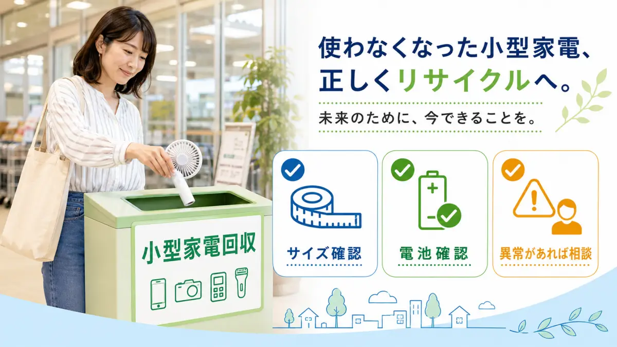 ハンディファン捨て方として小型家電回収ボックスへ出す日本人女性のイメージ