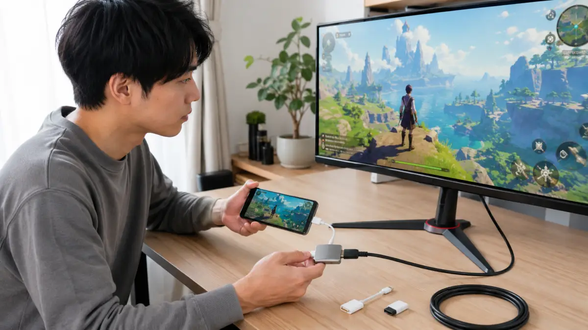 ゲーミングモニタースマホ接続でHDMIアダプターを使う日本人男性