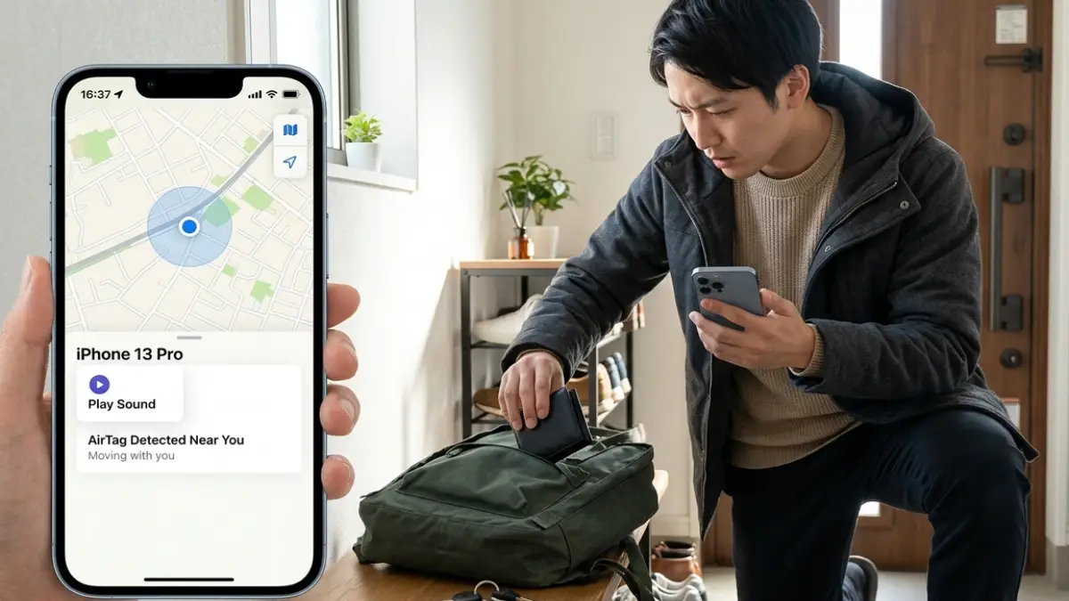 AirTag誤作動で身に覚えのない通知を確認する日本人女性のイメージ
